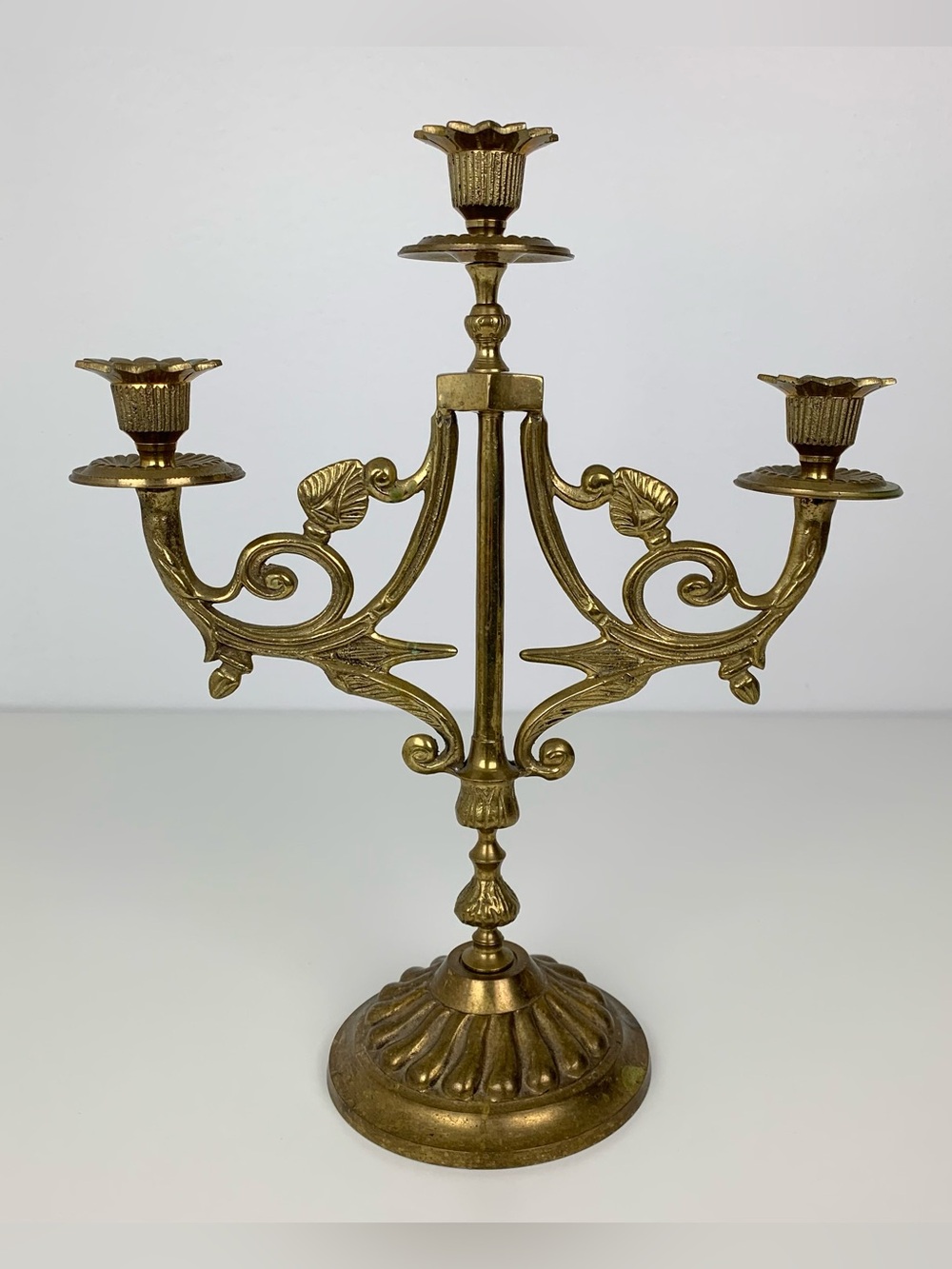 Brass Candle Holder Candelabra 3 Arms Gold Colored Vtg Hollywood Regency 14”